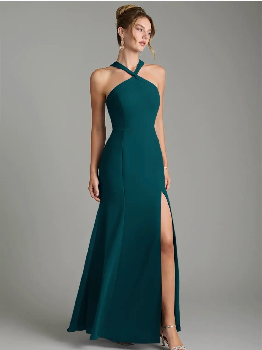 Azazie Rue Crisscross Halter Maxi Dress with Side Slit in Pine